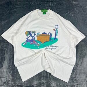 1992 Urgent Meeting Gotta Go Penguin Golf White Graphic T-Shirt - size large